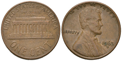 США 1 цент 1963 D, Авраам Линкольн KM 201 медь цинк 220-843