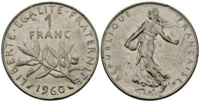 Франция 1 франк 1960 сеятель KM 925.1, Le Franc 226.4 никель 4138-246