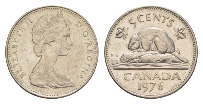 Канада 5 центов 1976 Елизавета II (1952-2022), бобр KM 60.1 никель 4630-724
