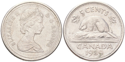 Канада 5 центов 1989 Елизавета II, бобер KM 60.2a медно-никель 4611-547