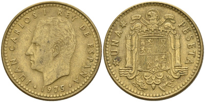 Испания 1 песета 1975 (79) Хуан Карлос I (1975-2014) KM 806 алюминиевая бронза 4155-433