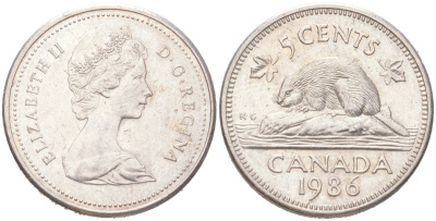 Канада 5 центов 1986 Елизавета II, бобер KM 60.2a медно-никель 4611-522