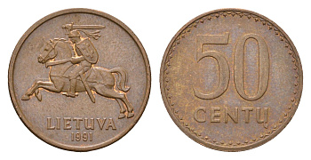 Литва 50 центов (сентов) 1991 год-тип KM 90 бронза 4689-1064