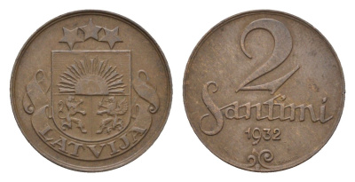 Латвия 2 сантима 1932 KM 2 бронза 4689-931