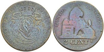 БЕЛЬГИЯ 2 САНТИМА ND медь 210-1042