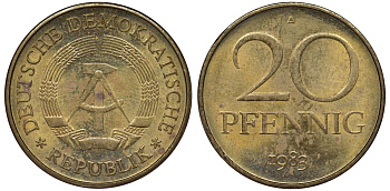 ГДР 20 пфеннигов 1983 А KM 11 латунь 62-1055