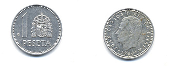 Испания 1 песета 1986 M, Хуан Карлос I (1975-2014) KM 821 алюминий 54-141