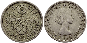 Великобритания 6 пенсов 1956 Елизавета II (1952-2022) KM 903, Spink 4149 медно-никель 75-148