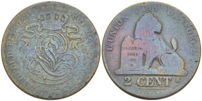 БЕЛЬГИЯ 2 САНТИМА ND медь 210-1042