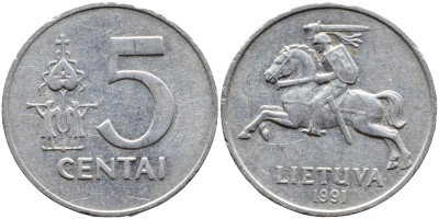 ЛИТВА 5 ЦЕНТОВ 1991 KM 87 алюминий 4393-837