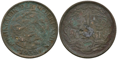 Нидерланды 1 цент 1939 Вильгельмина (1890-1948) KM 152 бронза 4576-1139