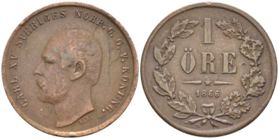 Швеция 1 эре 1866 L.A., Карл XV (1859-1872) KM 750 (490) бронза 116-1121