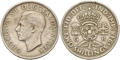 Великобритания 2 шиллинга (флорин) 1948 Георг VI (1936-1952) KM 865, Spink 4102 медно-никель    4149-246