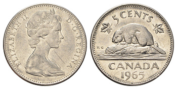 Канада 5 центов 1965 Елизавета II (1952-2022), бобр KM 60.1 никель 4689-344