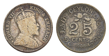 Цейлон 25 центов 1908 Эдуард VII (1901-1910) KM 98 серебро 4655-638