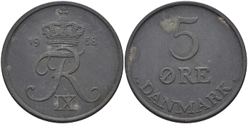 ДАНИЯ 5 ЭРЕ 1958 C; S, ФРЕДЕРИК IX (1947-1972) KM 843.2 цинк 97-1145