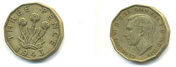 Великобритания 3 пенса 1943 Георг VI (1936-1952) KM 849, Spink 4112 никель латунь 83-712