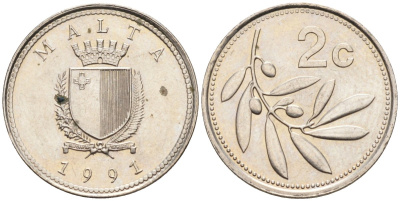 Мальта 2 цента 1991 оливковая ветвь KM 94 медно-никель 112-517