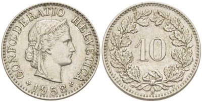 Швейцария 10 раппенов 1958 B KM 27 медно-никель     217-1136