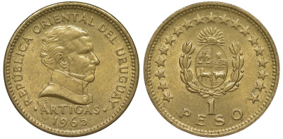 Уругвай 1 песо 1965 KM 46 алюминиевая бронза 106-952