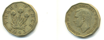 Великобритания 3 пенса 1943 Георг VI (1936-1952) KM 849, Spink 4112 никель латунь 83-712