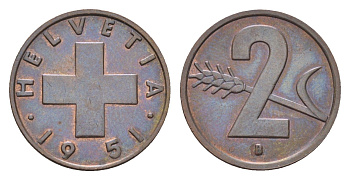 Швейцария 2 раппена 1951 B KM 47 бронза 4708-322