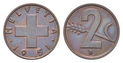 Швейцария 2 раппена 1951 B KM 47 бронза 4708-322