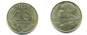 ФРАНЦИЯ 20 САНТИМОВ 1997 KM 930 медь алюминий никель 25-437