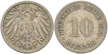 Германия 10 пфеннигов 1900 D KM 12, J. 13 медно-никель 4401-1135