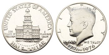 США 1/2 доллара (50 центов) 1976 S, 200 лет независимости, Джон Кеннеди KM 205a серебро PROOF 1526-743
