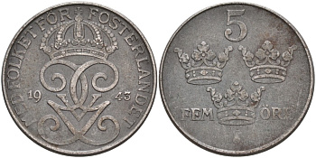 Швеция 5 эре 1943 Густав V (1907-1950) KM 812 железо 4557-712