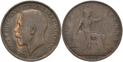 Великобритания 1 пенни 1915 Георг V (1910-1936) KM 810, Spink 4051 бронза 4144-444