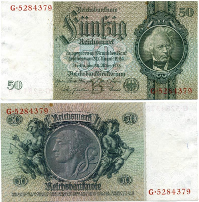ГЕРМАНИЯ 50 РЕЙХСМАРОК 1933 Pick 182a бумага XF 7457-20-3