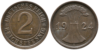 ГЕРМАНИЯ 2 РЕЙХСПФЕННИГА 1924 A KM 38, J. 314 бронза 24-733