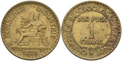 Франция 1 франк 1923 Коммерческая Палата KM 876, LE FRANC 218.5 алюминиевая бронза 4584-931