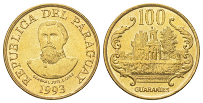 Парагвай 100 гуарани 1993 KM 177a сталь плакированная латунью UNC 4624-157