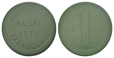 Чили, Пампа Альта (Pampa Alta), Антофагаста шахтерский жетон с Селитряного рудника для покупки в местных магазинах, номиналом в 1 песо около 1905 диаметр 45 мм, вес 6,05 гр Espinosa 216.3 эбонит (зеленый) 01-239-54