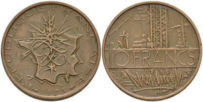 Франция 10 франков 1975 тип Матье KM 940, Le Franc 365.5-6 никель латунь 4599-1022