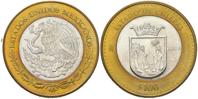 Мексика 100 песо 2005 180 лет Федерации - Чьяпас KM 712 биметалл, серебро BU 00-1067-8-43
