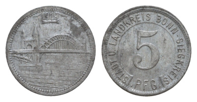 Бонн и Зигкрайс 5 пфеннигов 1919 Funck 52.5, Men05 3225.1, Men18 4140.1 цинк 4659-237