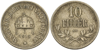 Венгрия 10 филлеров 1915 KB, Франц Иосиф I (1848-1916) KM 494 медь никель цинк 4151-1119