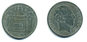 БЕЛЬГИЯ 5 ФРАНКОВ 1941 BELGEN, ГЕРМАНСКАЯ ОККУПАЦИЯ , ВТОРАЯ МИРОВАЯ ВОЙНА KM 130 цинк 25-443