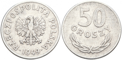 Польша 50 грошей 1949 KM 44а, Parchimowicz 209b алюминий 68-325