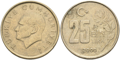 Турция 25000 лир 2000 Мустафа Кемаль Ататюрк KM 1041 медь никель цинк 4574-1125