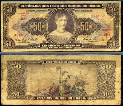 Бразилия 50 крузейро ND (1956-1959) Соединённые Штаты Бразилии Pick 152 a бумага 8602-9-3-2