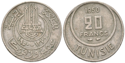 Тунис 20 франков 1950 KM 274 медно-никель 4364-1754