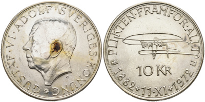 Швеция 10 крон 1972 U, 90 лет со дня рождения Густава VI Адольфа KM 847 серебро 4565-224