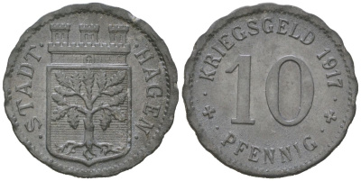 Хаген 10 пфеннигов 1917 Funck 184.1A, Men05 10124.1, Men18 12615.1 цинк 116-531
