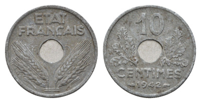 Франция 10 сантимов 1942 KM 898 цинк 4613-241