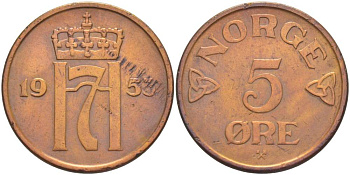 НОРВЕГИЯ 5 ЭРЕ 1953 ХОКОН VII (1905-1957) KM 400 бронза 4521-241